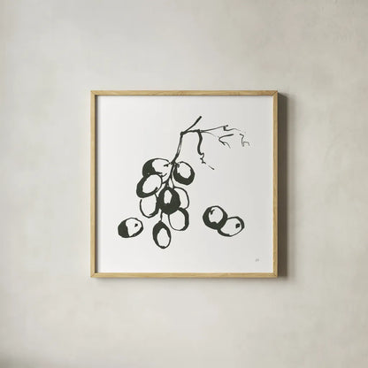 Grapes I BW by Chris Paschke. Shown in a natural wood glass frame for a timeless modern aesthetic. Available as an archival giclee rolled canvas, fine art paper, or poster print. SKU 64214a.