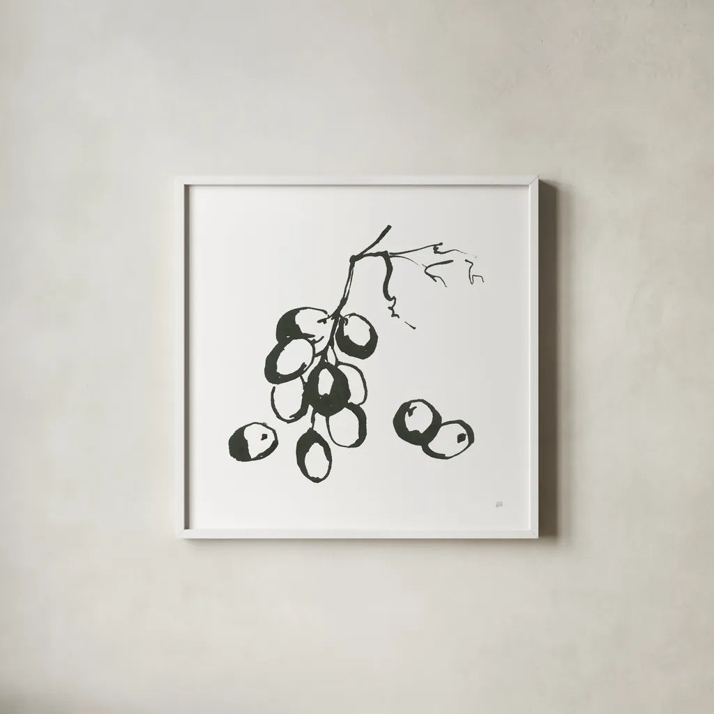 Grapes I BW by Chris Paschke. Shown in a crisp white glass frame for a clean and minimalist style. Available as an archival giclee rolled canvas, fine art paper, or poster print. SKU 64214a.