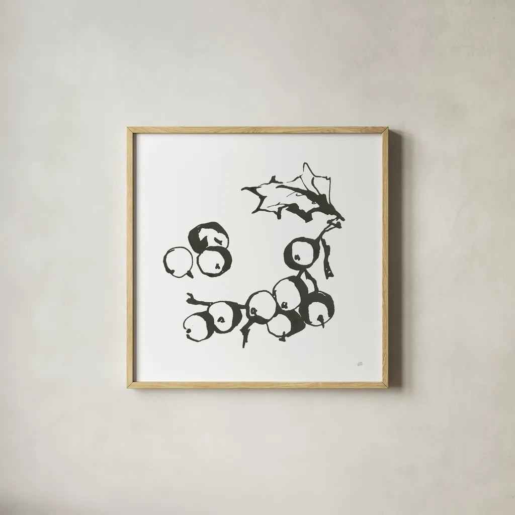 Grapes II BW by Chris Paschke. Shown in a natural wood glass frame for a timeless modern aesthetic. Available as an archival giclee rolled canvas, fine art paper, or poster print. SKU 64215a.