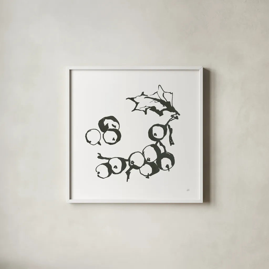 Grapes II BW by Chris Paschke. Shown in a crisp white glass frame for a clean and minimalist style. Available as an archival giclee rolled canvas, fine art paper, or poster print. SKU 64215a.