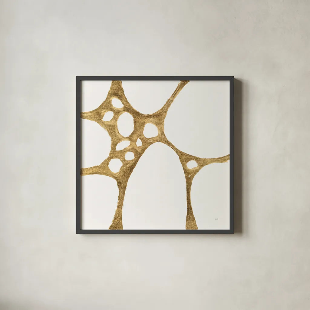 Graphic Gold I by Chris Paschke. Shown in a sleek black glass frame for a contemporary gallery look. Available as an archival giclee rolled canvas, fine art paper, or poster print. SKU 91426a.