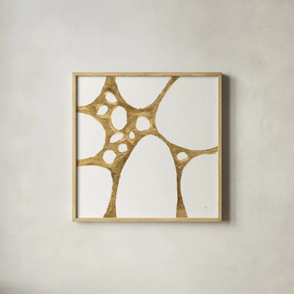 Graphic Gold I by Chris Paschke. Shown in a natural wood glass frame for a timeless modern aesthetic. Available as an archival giclee rolled canvas, fine art paper, or poster print. SKU 91426a.