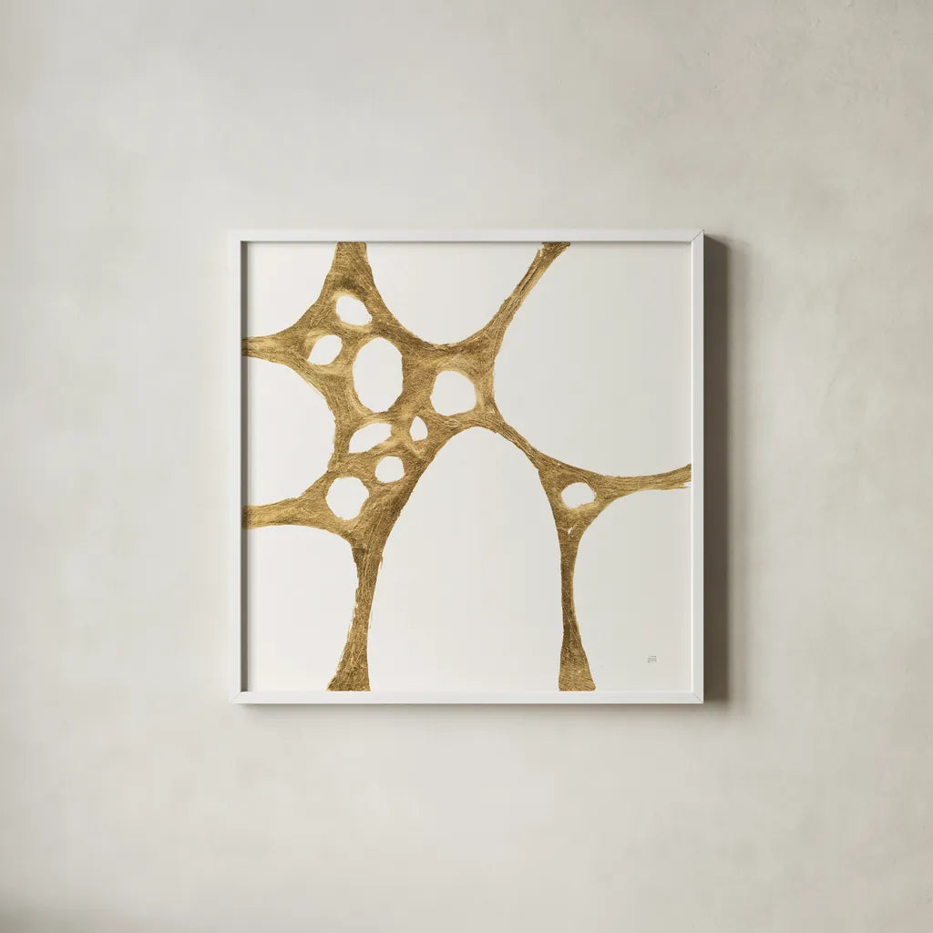 Graphic Gold I by Chris Paschke. Shown in a crisp white glass frame for a clean and minimalist style. Available as an archival giclee rolled canvas, fine art paper, or poster print. SKU 91426a.