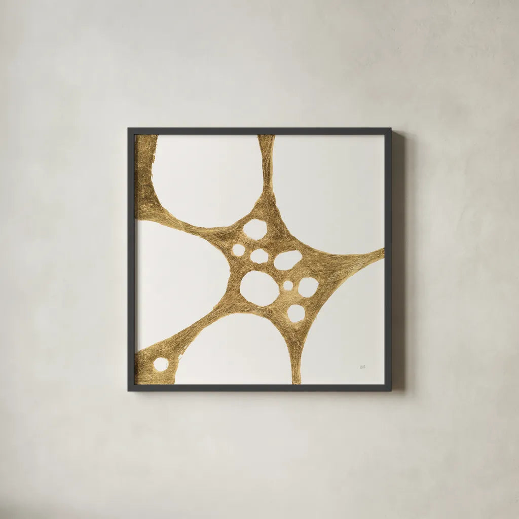 Graphic Gold II by Chris Paschke. Shown in a sleek black glass frame for a contemporary gallery look. Available as an archival giclee rolled canvas, fine art paper, or poster print. SKU 91427a.
