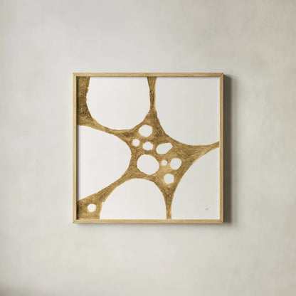 Graphic Gold II by Chris Paschke. Shown in a natural wood glass frame for a timeless modern aesthetic. Available as an archival giclee rolled canvas, fine art paper, or poster print. SKU 91427a.