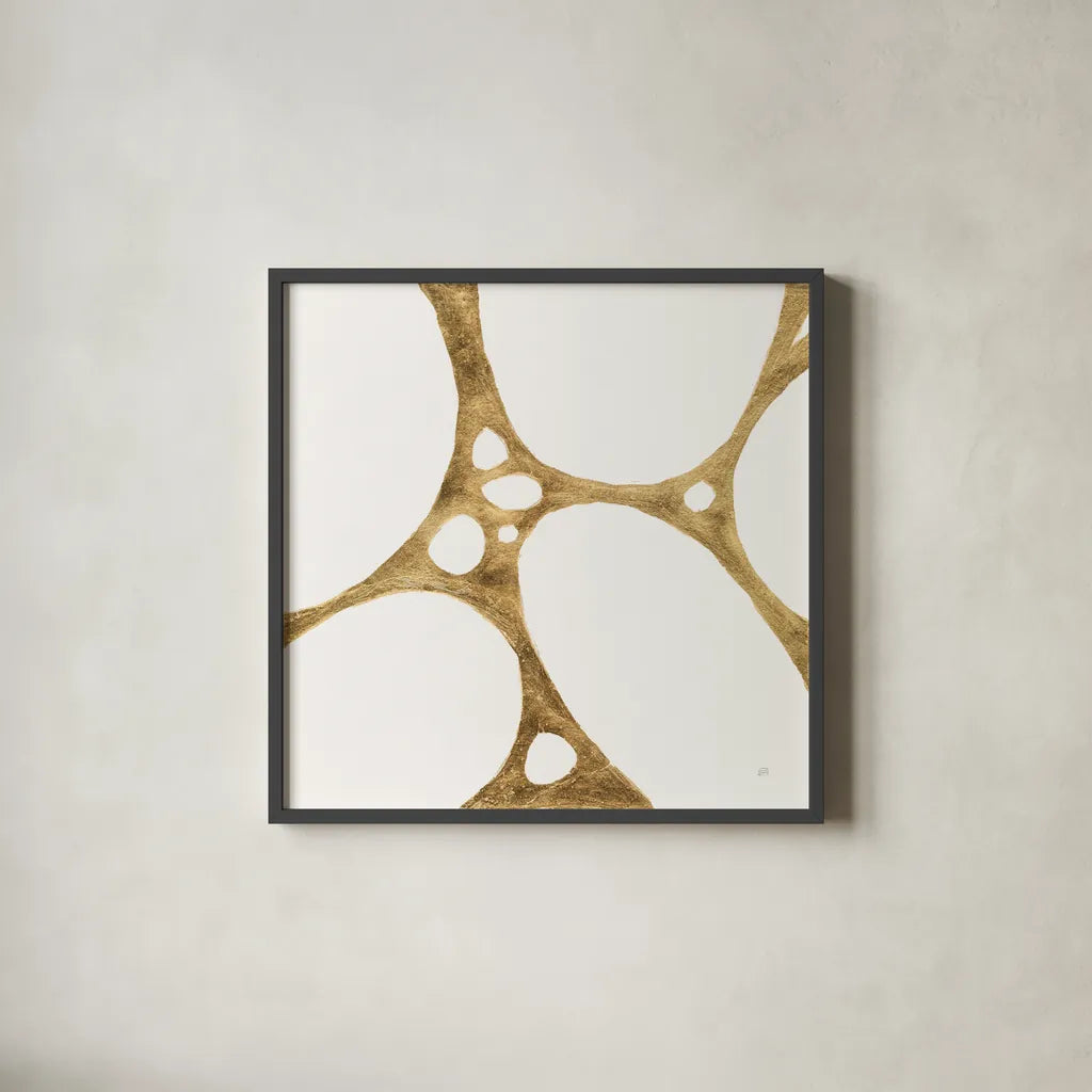 Graphic Gold III by Chris Paschke. Shown in a sleek black glass frame for a contemporary gallery look. Available as an archival giclee rolled canvas, fine art paper, or poster print. SKU 91428a.