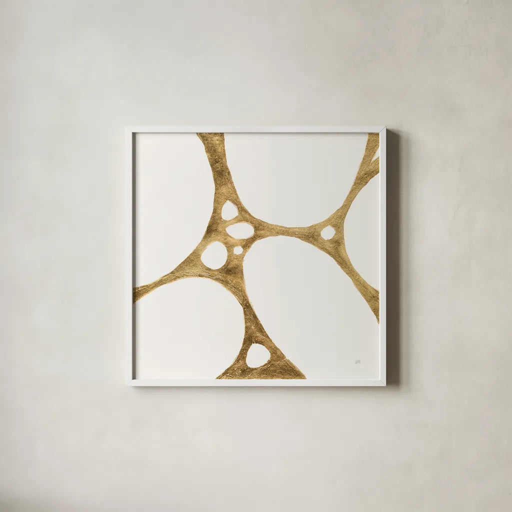 Graphic Gold III by Chris Paschke. Shown in a crisp white glass frame for a clean and minimalist style. Available as an archival giclee rolled canvas, fine art paper, or poster print. SKU 91428a.