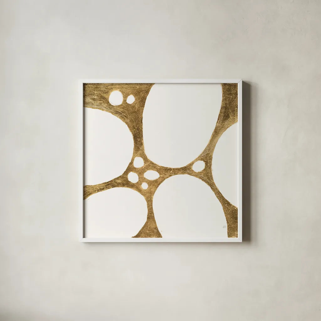 Graphic Gold IV by Chris Paschke. Shown in a crisp white glass frame for a clean and minimalist style. Available as an archival giclee rolled canvas, fine art paper, or poster print. SKU 91429a.