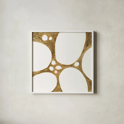 Graphic Gold IV by Chris Paschke. Shown in a crisp white glass frame for a clean and minimalist style. Available as an archival giclee rolled canvas, fine art paper, or poster print. SKU 91429a.