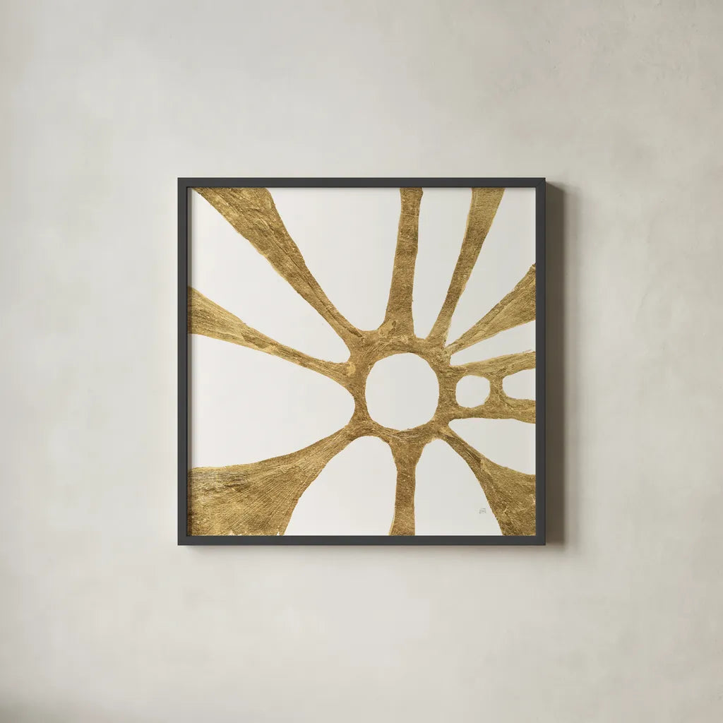 Graphic Gold V by Chris Paschke. Shown in a sleek black glass frame for a contemporary gallery look. Available as an archival giclee rolled canvas, fine art paper, or poster print. SKU 91430a.