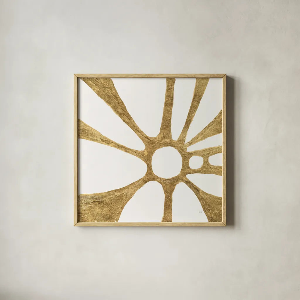 Graphic Gold V by Chris Paschke. Shown in a natural wood glass frame for a timeless modern aesthetic. Available as an archival giclee rolled canvas, fine art paper, or poster print. SKU 91430a.