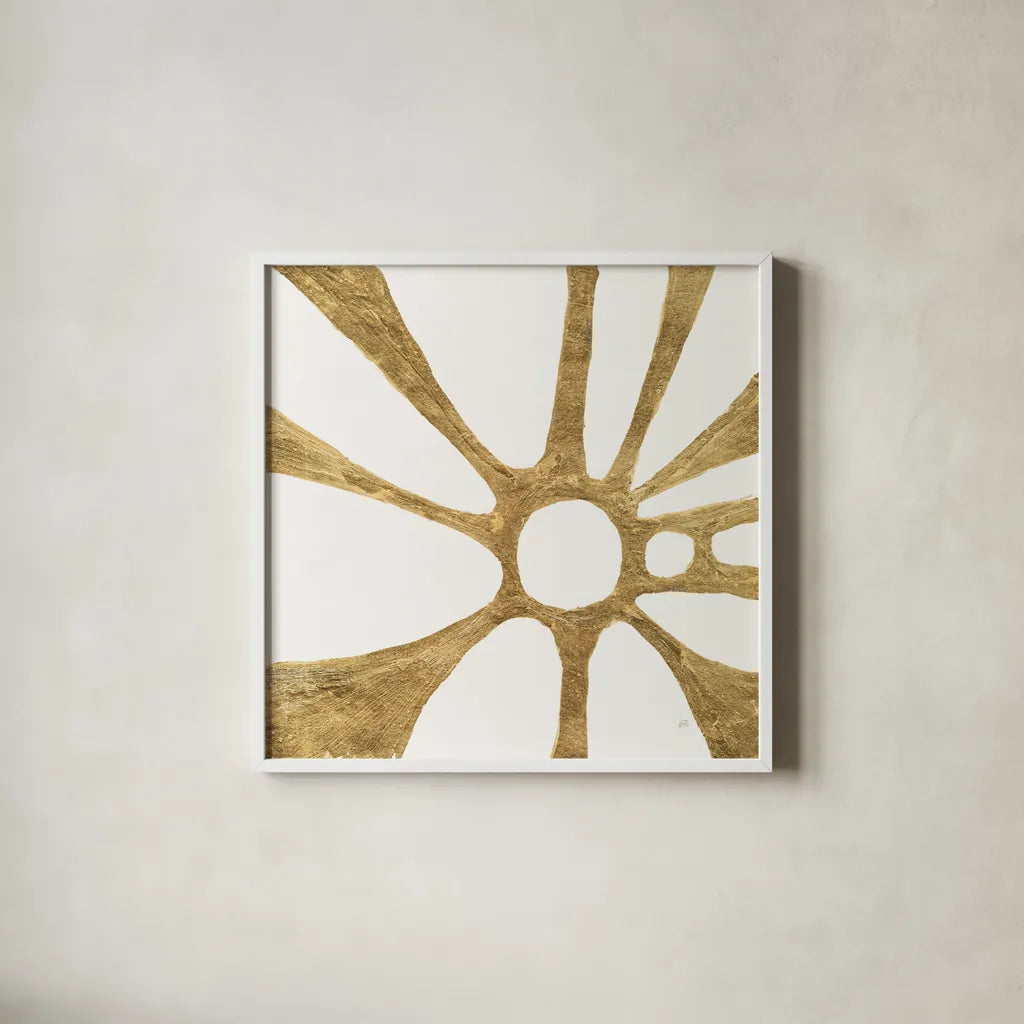 Graphic Gold V by Chris Paschke. Shown in a crisp white glass frame for a clean and minimalist style. Available as an archival giclee rolled canvas, fine art paper, or poster print. SKU 91430a.