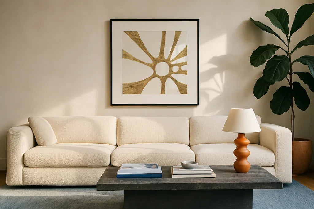 Graphic Gold V by Chris Paschke. Displayed in a glass frame with matte in a clean modern living room. Available as an archival giclee rolled canvas, fine art paper, or poster print. SKU 91430a.