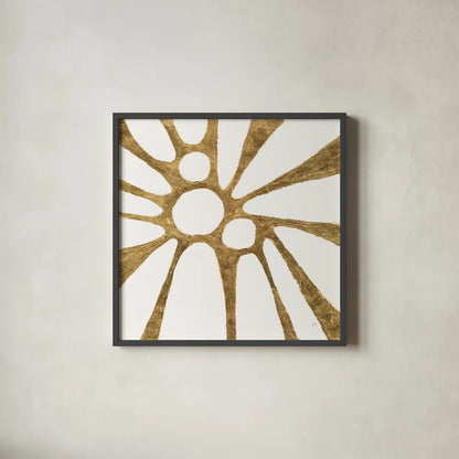 Graphic Gold VI by Chris Paschke. Shown in a sleek black glass frame for a contemporary gallery look. Available as an archival giclee rolled canvas, fine art paper, or poster print. SKU 91431a.