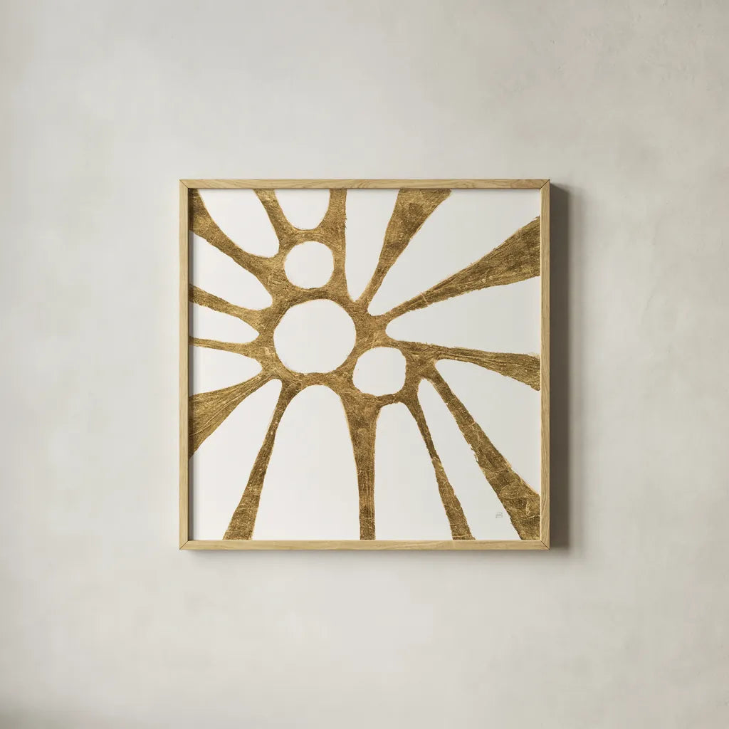 Graphic Gold VI by Chris Paschke. Shown in a natural wood glass frame for a timeless modern aesthetic. Available as an archival giclee rolled canvas, fine art paper, or poster print. SKU 91431a.