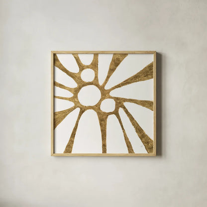 Graphic Gold VI by Chris Paschke. Shown in a natural wood glass frame for a timeless modern aesthetic. Available as an archival giclee rolled canvas, fine art paper, or poster print. SKU 91431a.