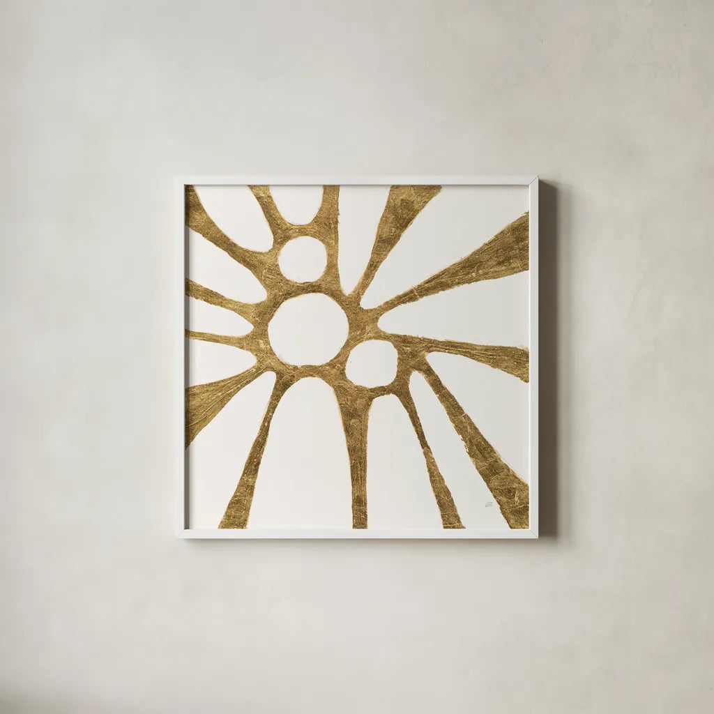 Graphic Gold VI by Chris Paschke. Shown in a crisp white glass frame for a clean and minimalist style. Available as an archival giclee rolled canvas, fine art paper, or poster print. SKU 91431a.