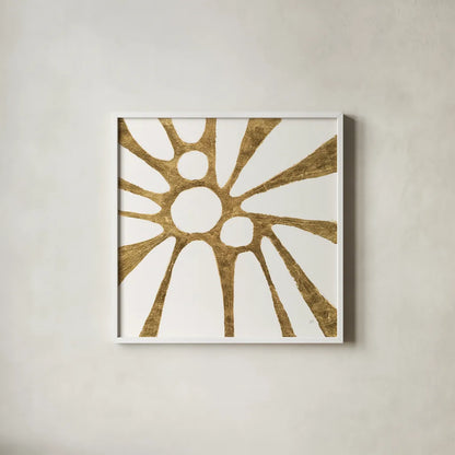 Graphic Gold VI by Chris Paschke. Shown in a crisp white glass frame for a clean and minimalist style. Available as an archival giclee rolled canvas, fine art paper, or poster print. SKU 91431a.