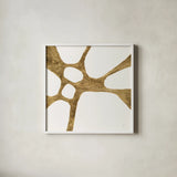 Graphic Gold VII by Chris Paschke. Shown in a crisp white glass frame for a clean and minimalist style. Available as an archival giclee rolled canvas, fine art paper, or poster print. SKU 91432a.