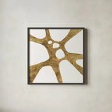 Graphic Gold VIII by Chris Paschke. Shown in a sleek black glass frame for a contemporary gallery look. Available as an archival giclee rolled canvas, fine art paper, or poster print. SKU 91433a.