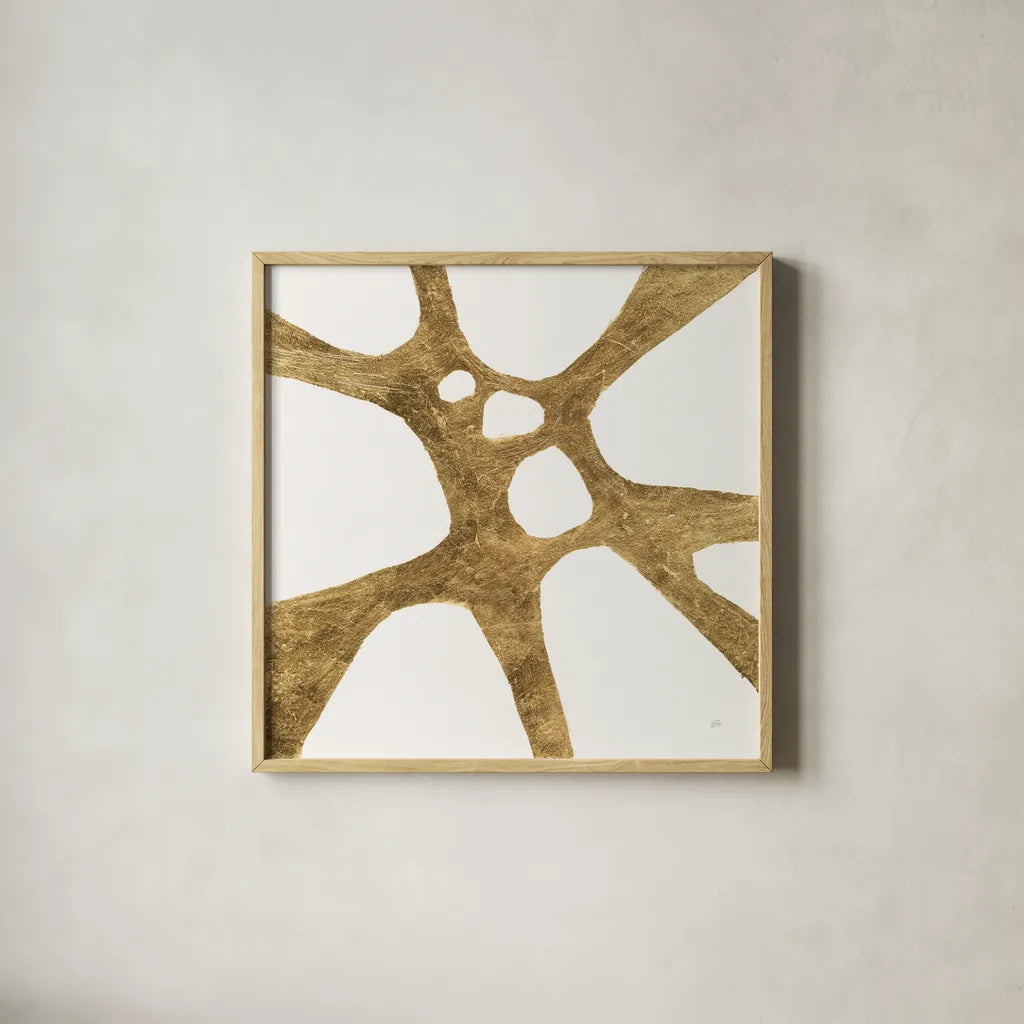 Graphic Gold VIII by Chris Paschke. Shown in a natural wood glass frame for a timeless modern aesthetic. Available as an archival giclee rolled canvas, fine art paper, or poster print. SKU 91433a.