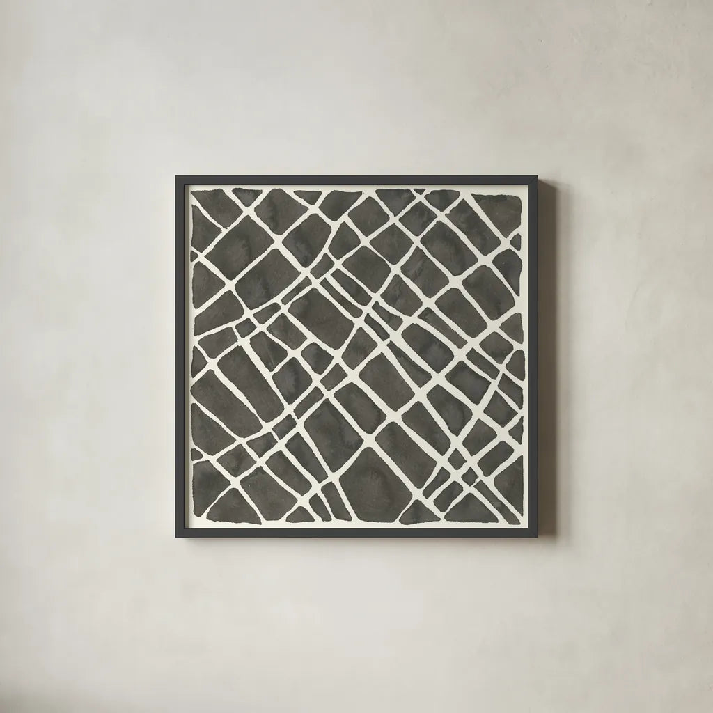 Graphics VI by Chris Paschke. Shown in a sleek black glass frame for a contemporary gallery look. Available as an archival giclee rolled canvas, fine art paper, or poster print. SKU 45463a.