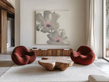 Gray Blush Cosmos I by Chris Paschke. Shown as extra-large giant wall art in a modern living room. Available as an archival giclee rolled canvas, fine art paper, or poster print. SKU 33990a.