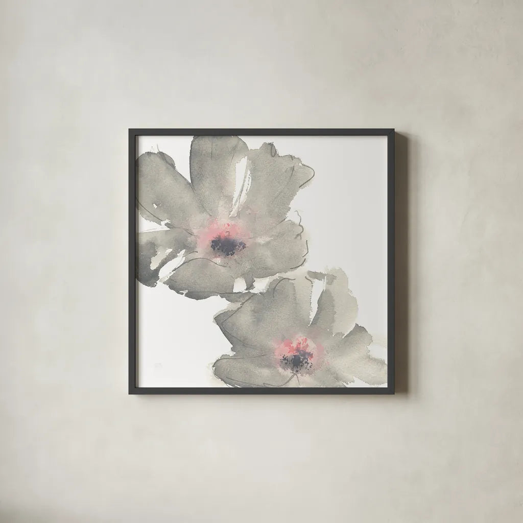 Gray Blush Cosmos I on White by Chris Paschke. Shown in a sleek black glass frame for a contemporary gallery look. Available as an archival giclee rolled canvas, fine art paper, or poster print. SKU 34678a.