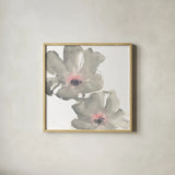 Gray Blush Cosmos I on White by Chris Paschke. Shown in a natural wood glass frame for a timeless modern aesthetic. Available as an archival giclee rolled canvas, fine art paper, or poster print. SKU 34678a.
