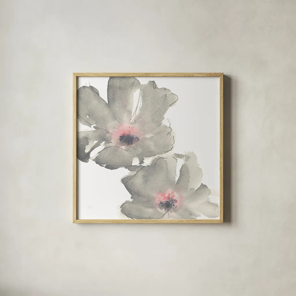 Gray Blush Cosmos I on White by Chris Paschke. Shown in a natural wood glass frame for a timeless modern aesthetic. Available as an archival giclee rolled canvas, fine art paper, or poster print. SKU 34678a.