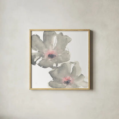 Gray Blush Cosmos I on White by Chris Paschke. Shown in a natural wood glass frame for a timeless modern aesthetic. Available as an archival giclee rolled canvas, fine art paper, or poster print. SKU 34678a.