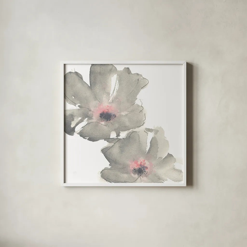 Gray Blush Cosmos I on White by Chris Paschke. Shown in a crisp white glass frame for a clean and minimalist style. Available as an archival giclee rolled canvas, fine art paper, or poster print. SKU 34678a.