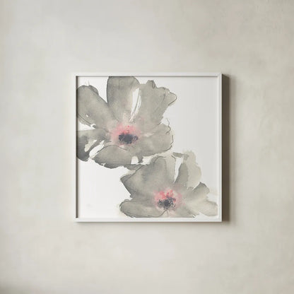 Gray Blush Cosmos I on White by Chris Paschke. Shown in a crisp white glass frame for a clean and minimalist style. Available as an archival giclee rolled canvas, fine art paper, or poster print. SKU 34678a.