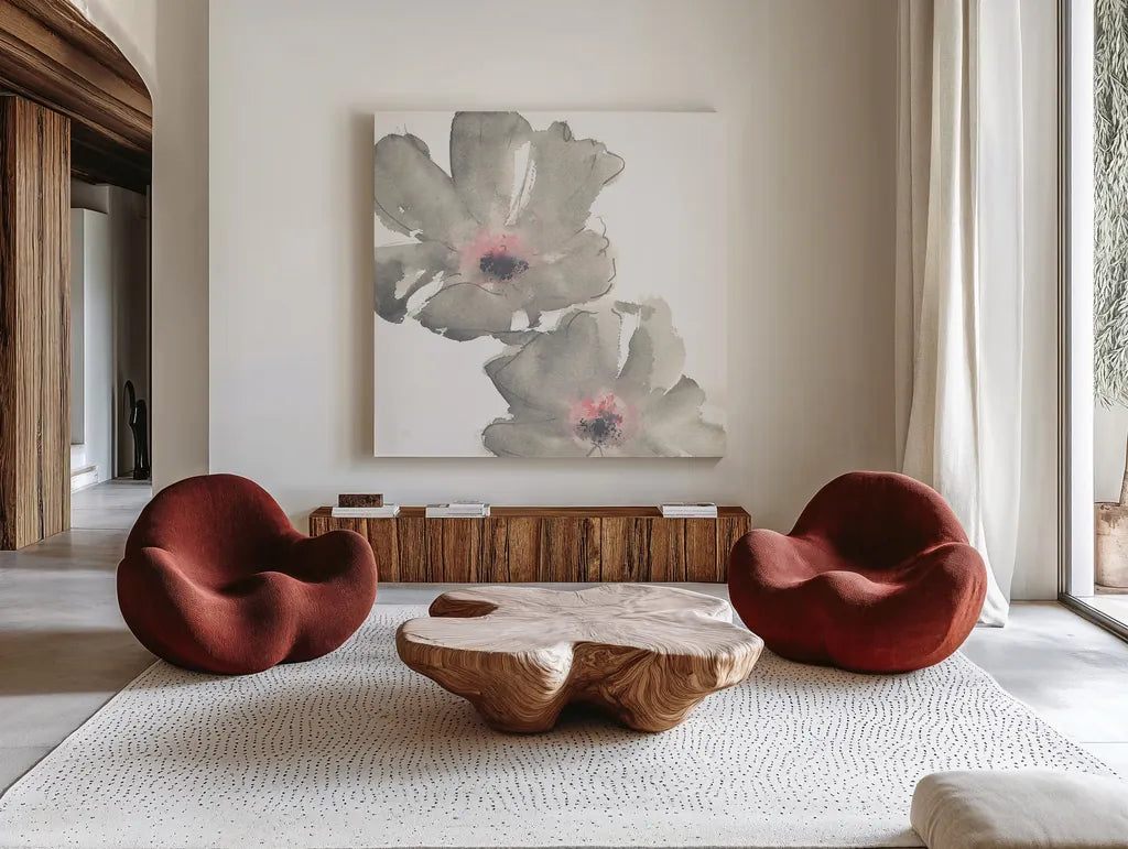 Gray Blush Cosmos I on White by Chris Paschke. Shown as extra-large giant wall art in a modern living room. Available as an archival giclee rolled canvas, fine art paper, or poster print. SKU 34678a.