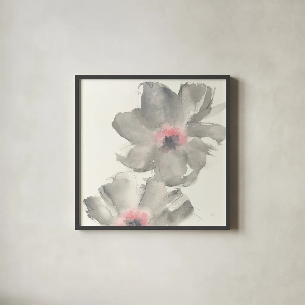 Gray Blush Cosmos II by Chris Paschke. Shown in a sleek black glass frame for a contemporary gallery look. Available as an archival giclee rolled canvas, fine art paper, or poster print. SKU 33991a.