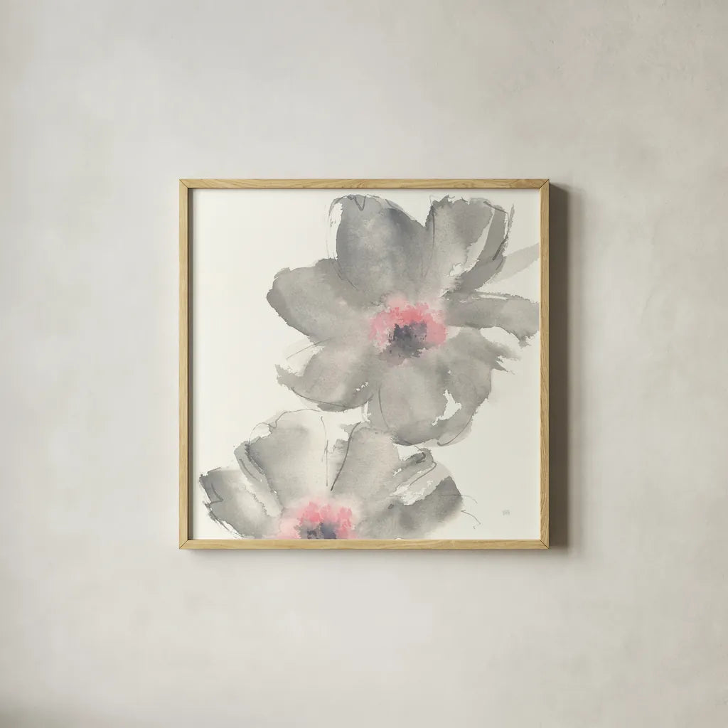 Gray Blush Cosmos II by Chris Paschke. Shown in a natural wood glass frame for a timeless modern aesthetic. Available as an archival giclee rolled canvas, fine art paper, or poster print. SKU 33991a.
