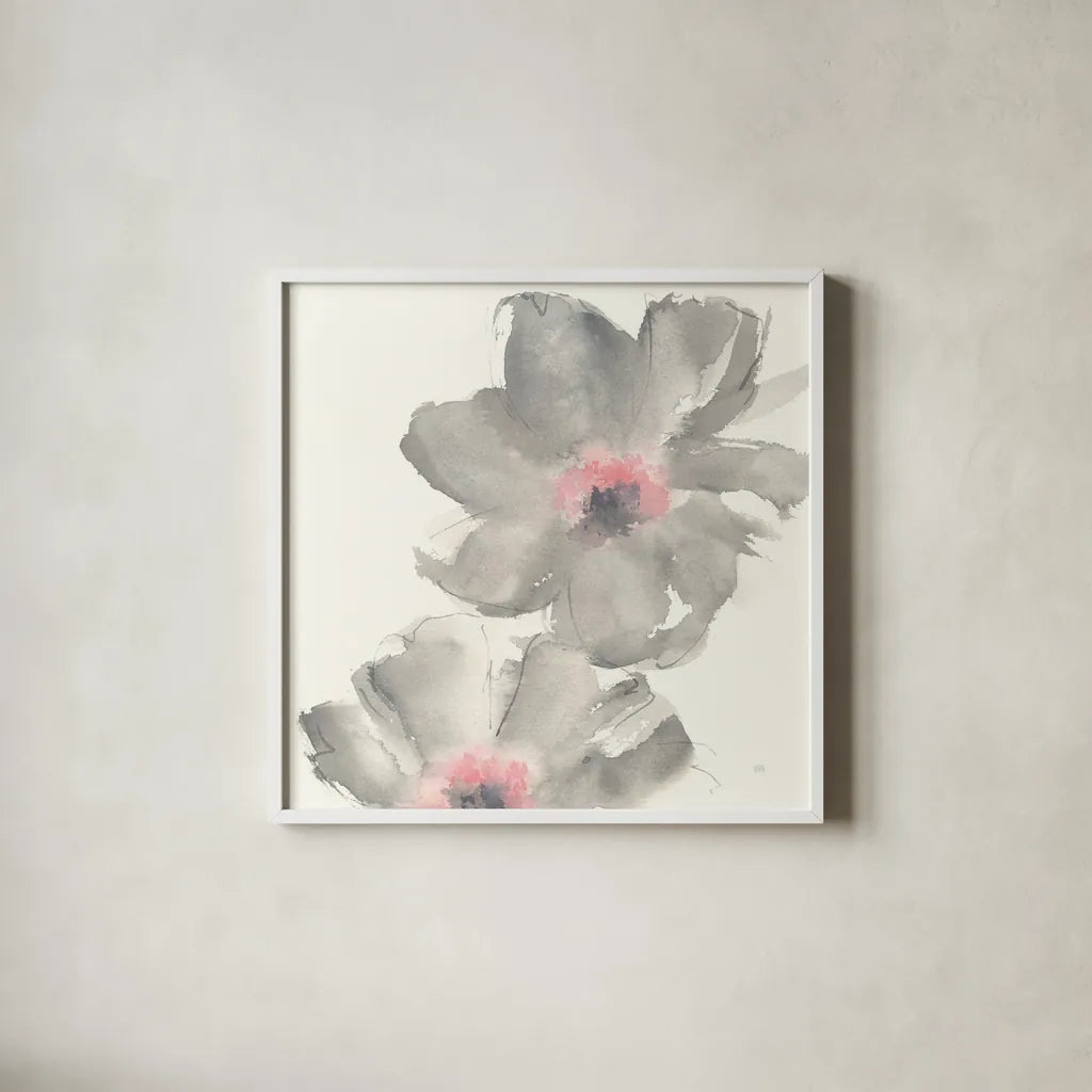 Gray Blush Cosmos II by Chris Paschke. Shown in a crisp white glass frame for a clean and minimalist style. Available as an archival giclee rolled canvas, fine art paper, or poster print. SKU 33991a.