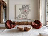 Gray Blush Cosmos II by Chris Paschke. Shown as extra-large giant wall art in a modern living room. Available as an archival giclee rolled canvas, fine art paper, or poster print. SKU 33991a.