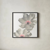 Gray Blush Cosmos II on White by Chris Paschke. Shown in a sleek black glass frame for a contemporary gallery look. Available as an archival giclee rolled canvas, fine art paper, or poster print. SKU 34679a.