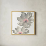 Gray Blush Cosmos II on White by Chris Paschke. Shown in a natural wood glass frame for a timeless modern aesthetic. Available as an archival giclee rolled canvas, fine art paper, or poster print. SKU 34679a.