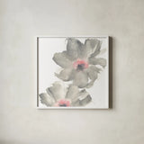 Gray Blush Cosmos II on White by Chris Paschke. Shown in a crisp white glass frame for a clean and minimalist style. Available as an archival giclee rolled canvas, fine art paper, or poster print. SKU 34679a.