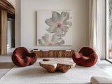 Gray Blush Cosmos II on White by Chris Paschke. Shown as extra-large giant wall art in a modern living room. Available as an archival giclee rolled canvas, fine art paper, or poster print. SKU 34679a.