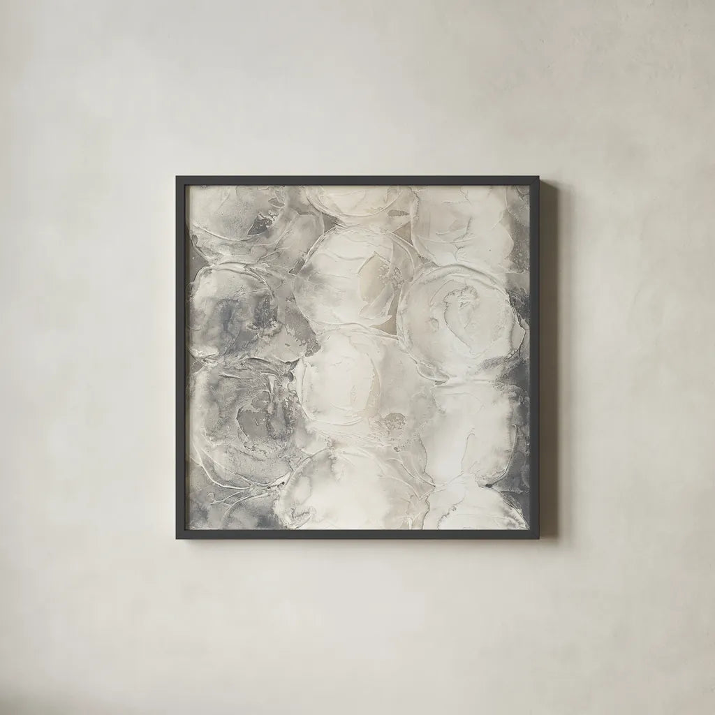 Gray Circles I by Chris Paschke. Shown in a sleek black glass frame for a contemporary gallery look. Available as an archival giclee rolled canvas, fine art paper, or poster print. SKU 16884a.