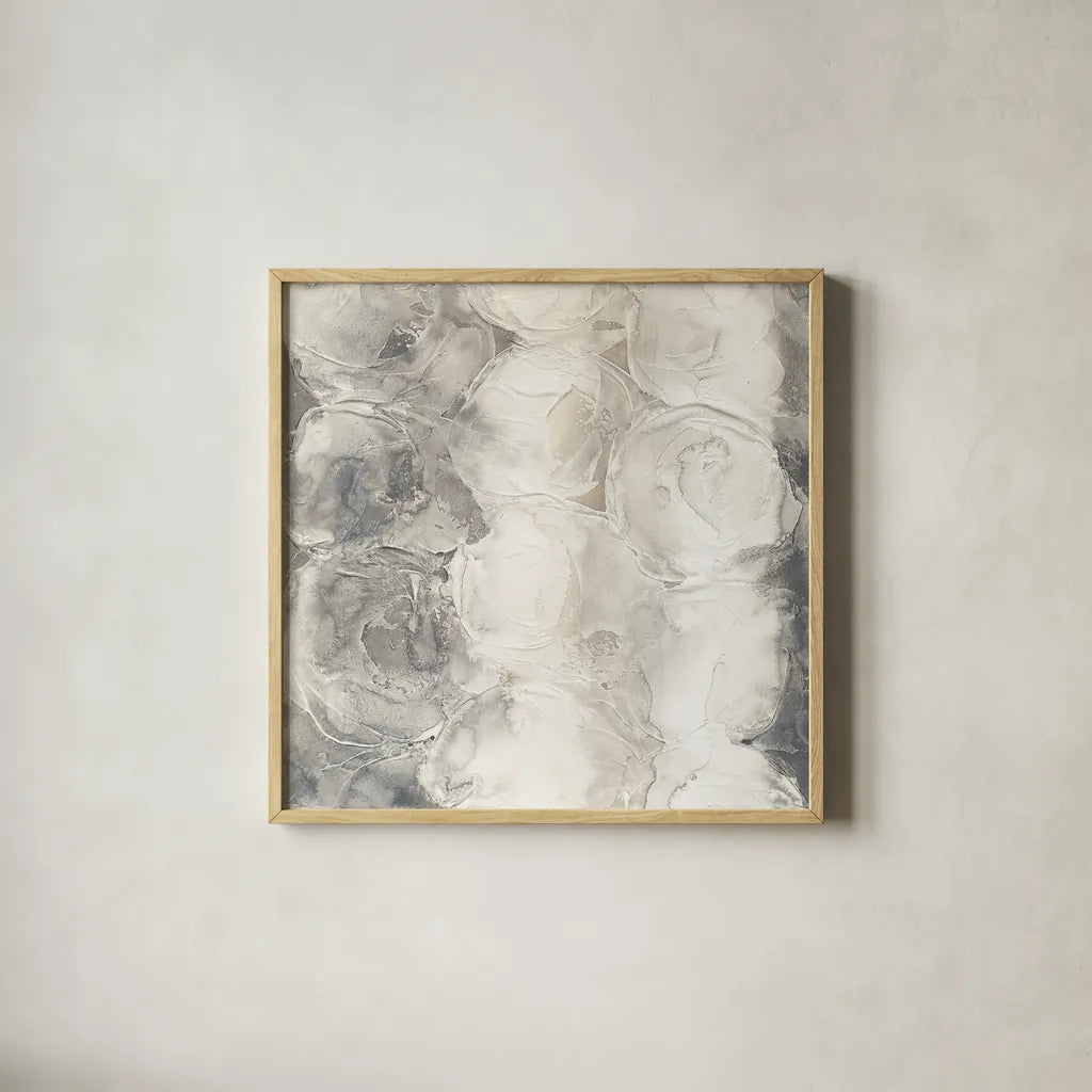 Gray Circles I by Chris Paschke. Shown in a natural wood glass frame for a timeless modern aesthetic. Available as an archival giclee rolled canvas, fine art paper, or poster print. SKU 16884a.