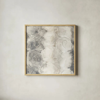 Gray Circles I by Chris Paschke. Shown in a natural wood glass frame for a timeless modern aesthetic. Available as an archival giclee rolled canvas, fine art paper, or poster print. SKU 16884a.