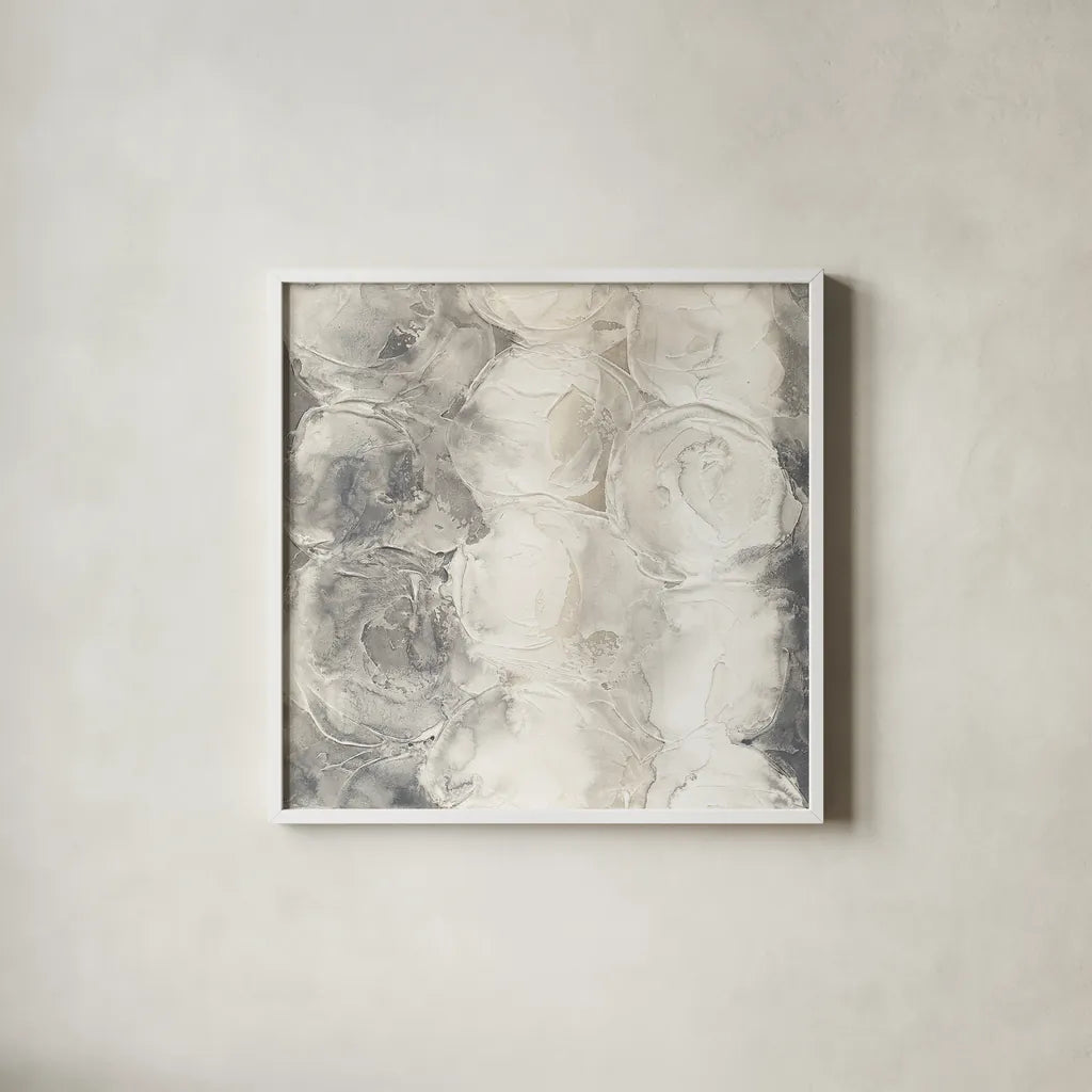 Gray Circles I by Chris Paschke. Shown in a crisp white glass frame for a clean and minimalist style. Available as an archival giclee rolled canvas, fine art paper, or poster print. SKU 16884a.