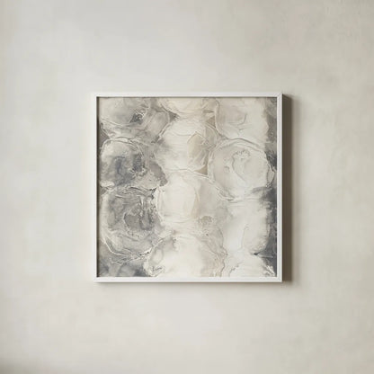 Gray Circles I by Chris Paschke. Shown in a crisp white glass frame for a clean and minimalist style. Available as an archival giclee rolled canvas, fine art paper, or poster print. SKU 16884a.