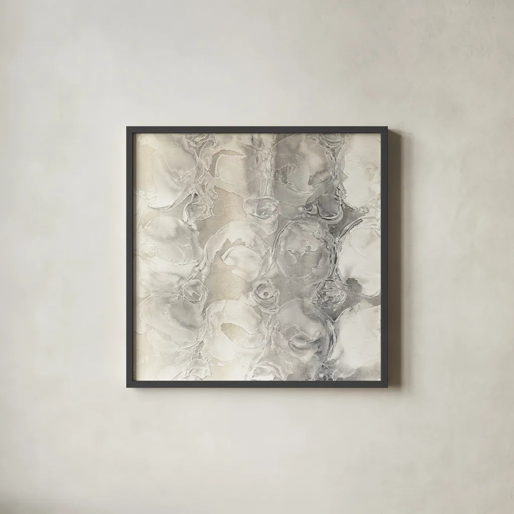 Gray Circles II by Chris Paschke. Shown in a sleek black glass frame for a contemporary gallery look. Available as an archival giclee rolled canvas, fine art paper, or poster print. SKU 16885a.