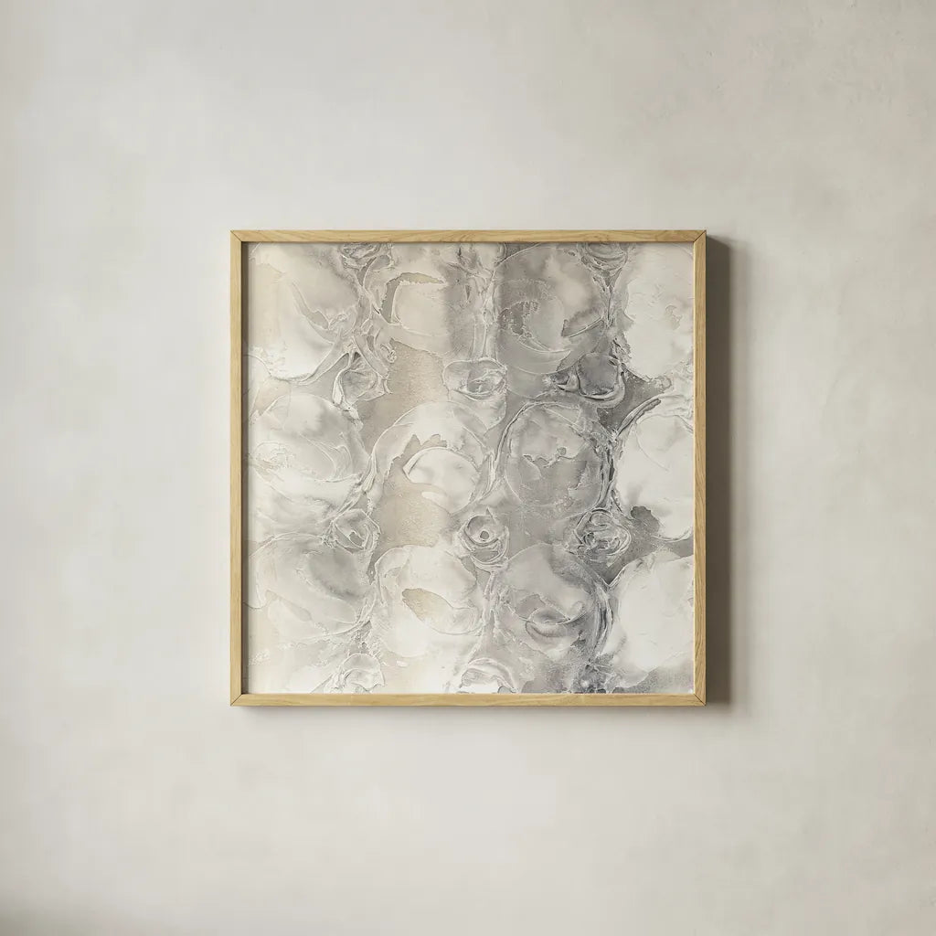 Gray Circles II by Chris Paschke. Shown in a natural wood glass frame for a timeless modern aesthetic. Available as an archival giclee rolled canvas, fine art paper, or poster print. SKU 16885a.