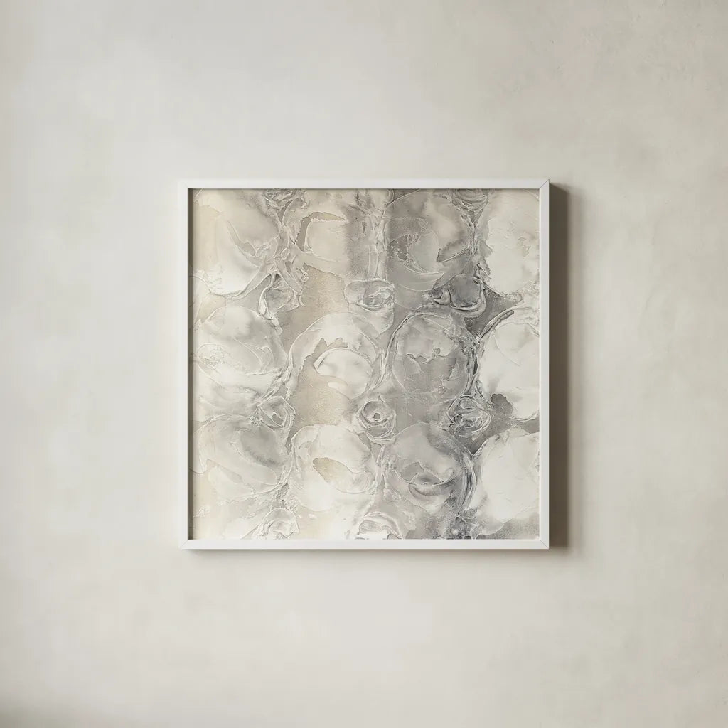 Gray Circles II by Chris Paschke. Shown in a crisp white glass frame for a clean and minimalist style. Available as an archival giclee rolled canvas, fine art paper, or poster print. SKU 16885a.